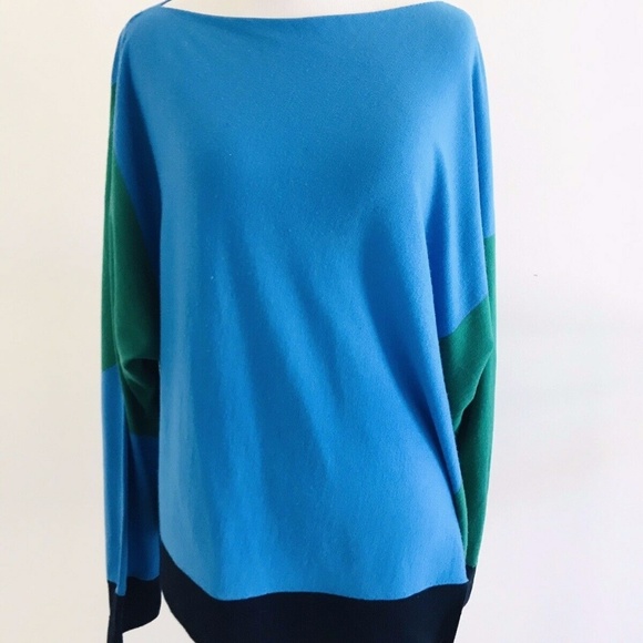 St John | Colorblock Wool Top Womens Lg Blue Long Sleeve Pullover Asymmetrical - Picture 7 of 12